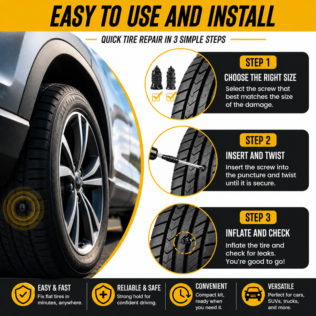 61-Piece Vacuum Tire Repair Rubber Nails & Plug Kit