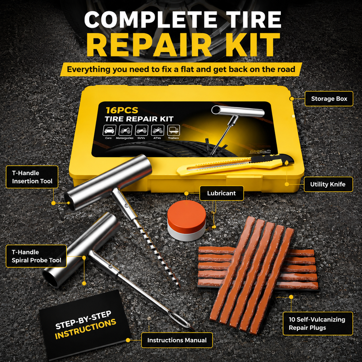 15-Piece Heavy-Duty Flat Tire Repair & Puncture Plug Kit