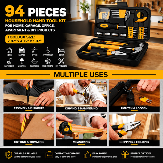 94-Piece Household DIY Tool Set with Storage Toolbox