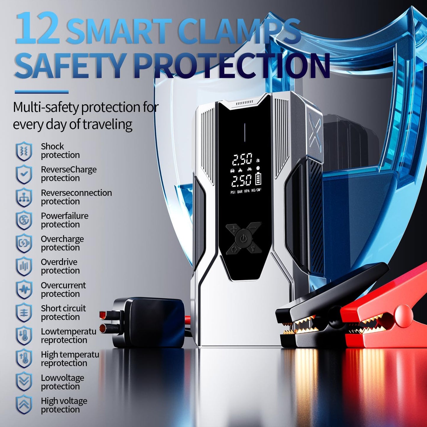 Emergency Portable Jump Starter with Air Compressor - 3000A 150PSI for Cars, Trucks & Suvs up to 9L Gas/7L Diesel, 12000Mah Portable Power Bank, -20°F Cold Start (Silver)