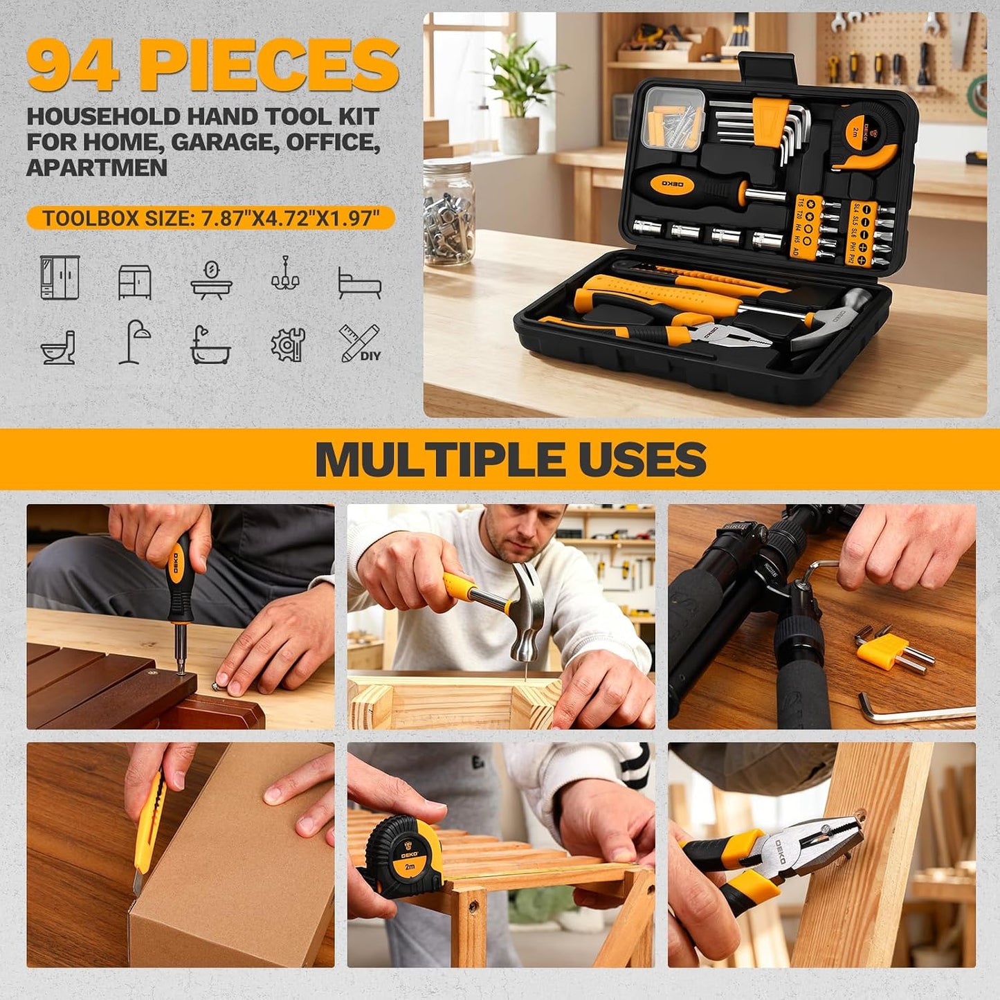 94 Piece Tool Set Household DIY Tool Kit for Men with Storage Toolbox, Small Basic Hand Tool Box Set for Home Repair, DIY, Apartment, Office, Orange