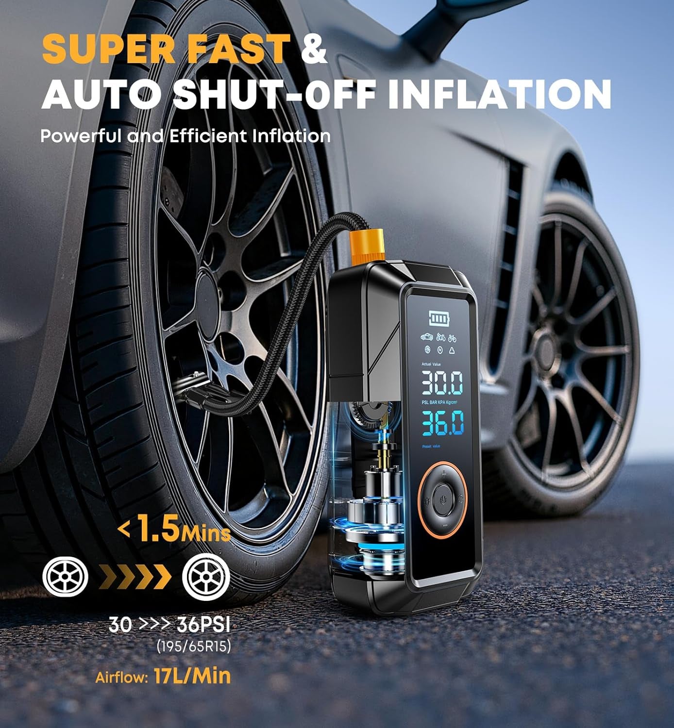 Tire Inflator Portable Air Compressor, Cordless & 12V DC Air Inflator for Car Bikes Motorcycletires Balls with Auto Shut-Off, Digital Pressure Gauge, Compact Emergency Pump