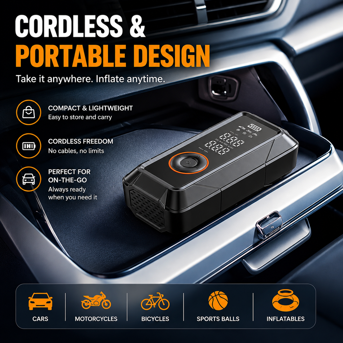 Ultra-Compact Cordless Portable Air Compressor & 150 PSI Digital Car Tire Inflator