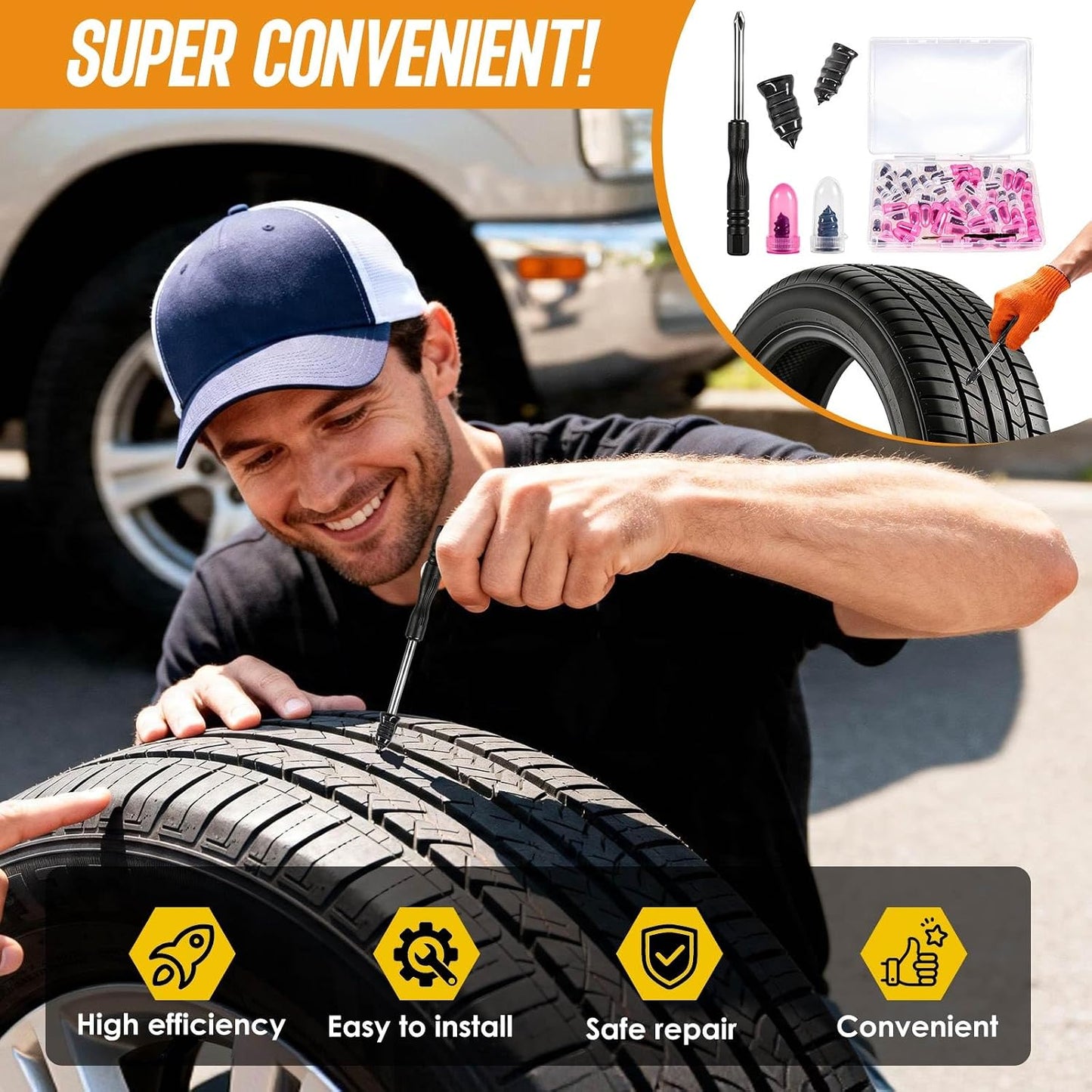 61 PCS Tire Repair Rubber Nail, Vacuum Tire Repair Kits Spiral Rubber Nails, Tire Screw Plug Fast Tool Self Service Tire Repair Nail for Car, Motorcycle, Truck, Tractor Tire Puncture Repair | Tire Repair Plugs Kit for Car, Motorcycle, Truck, Tractor No Glue Needed – Spiral Rubber Nails for Permanent Puncture Repair
