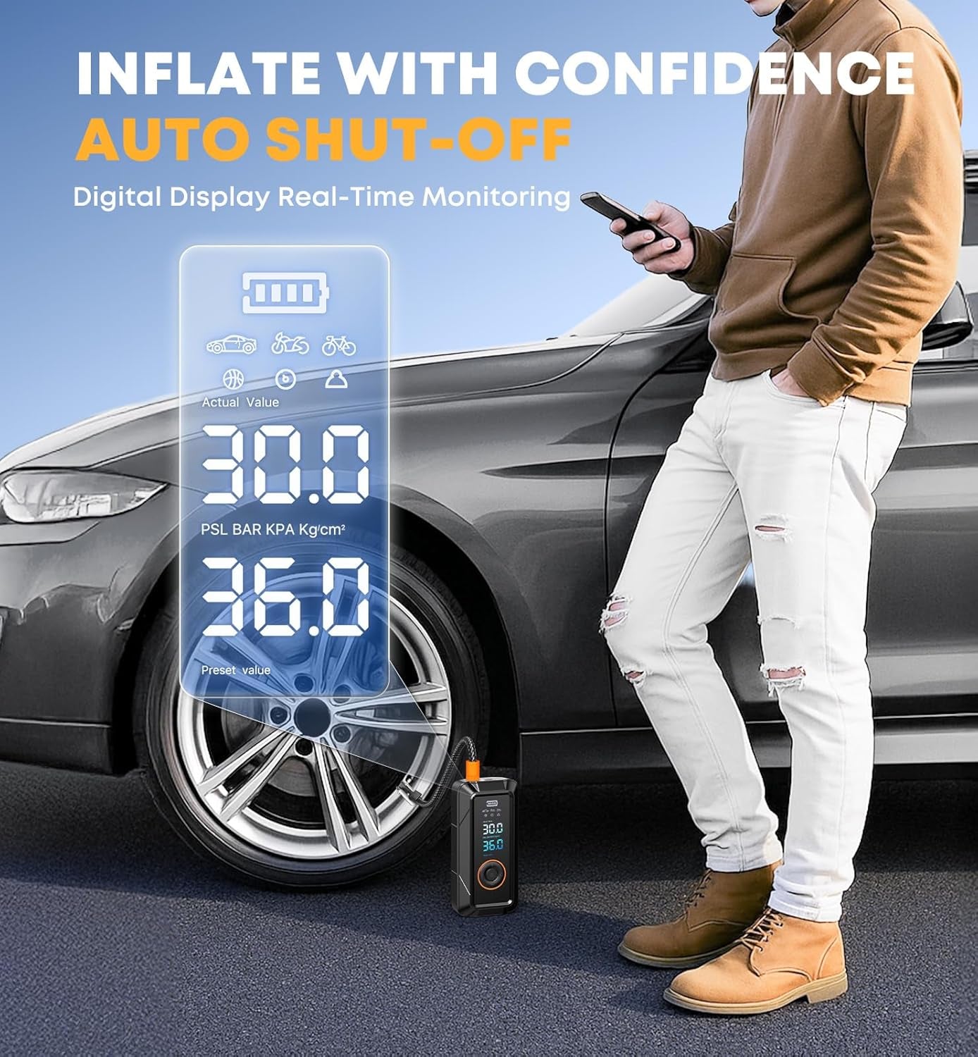 Tire Inflator Portable Air Compressor, Cordless & 12V DC Air Inflator for Car Bikes Motorcycletires Balls with Auto Shut-Off, Digital Pressure Gauge, Compact Emergency Pump