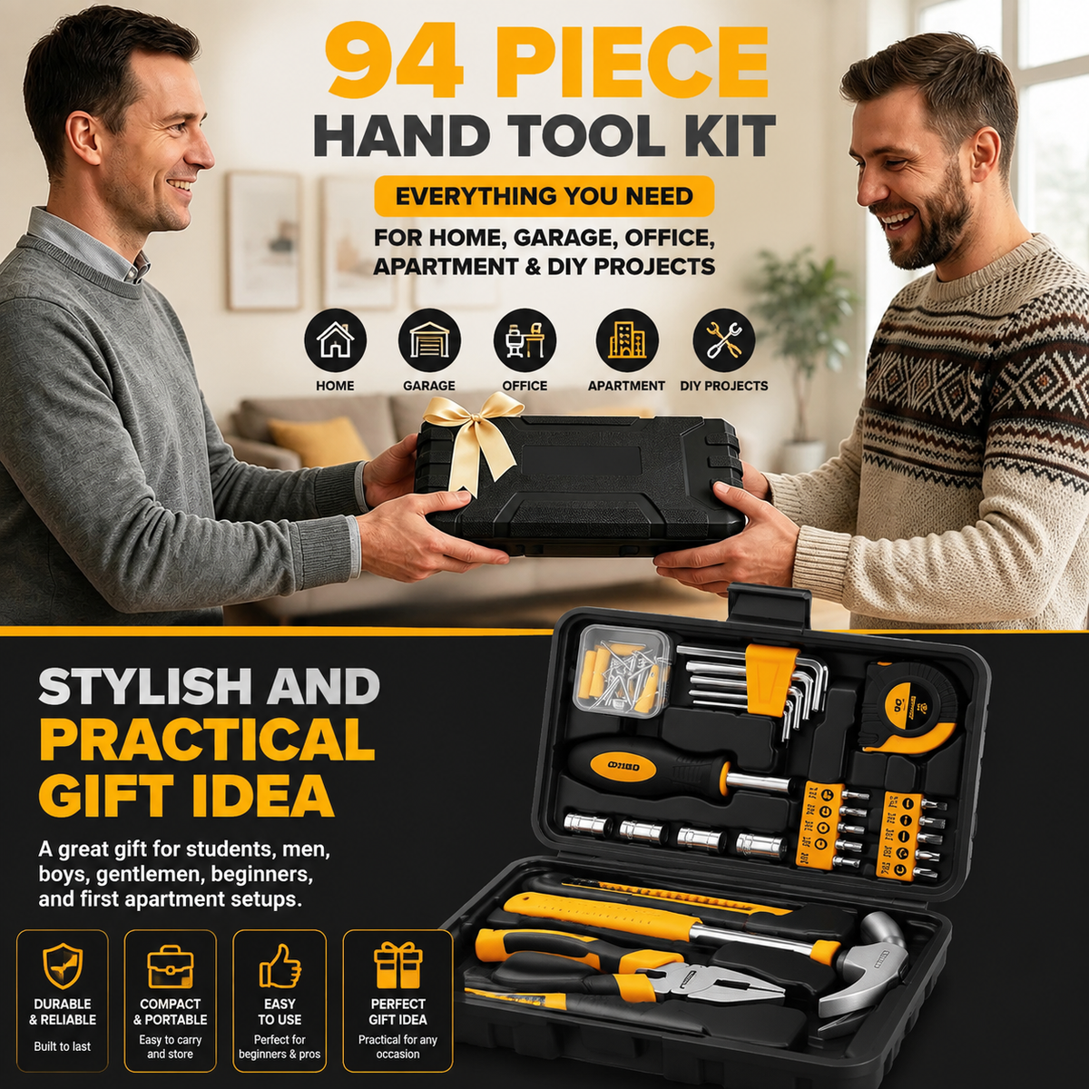 94-Piece Household DIY Tool Set with Storage Toolbox