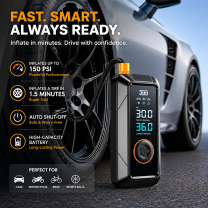 Ultra-Compact Cordless Portable Air Compressor & 150 PSI Digital Car Tire Inflator