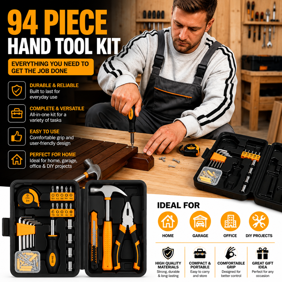 94-Piece Household DIY Tool Set with Storage Toolbox