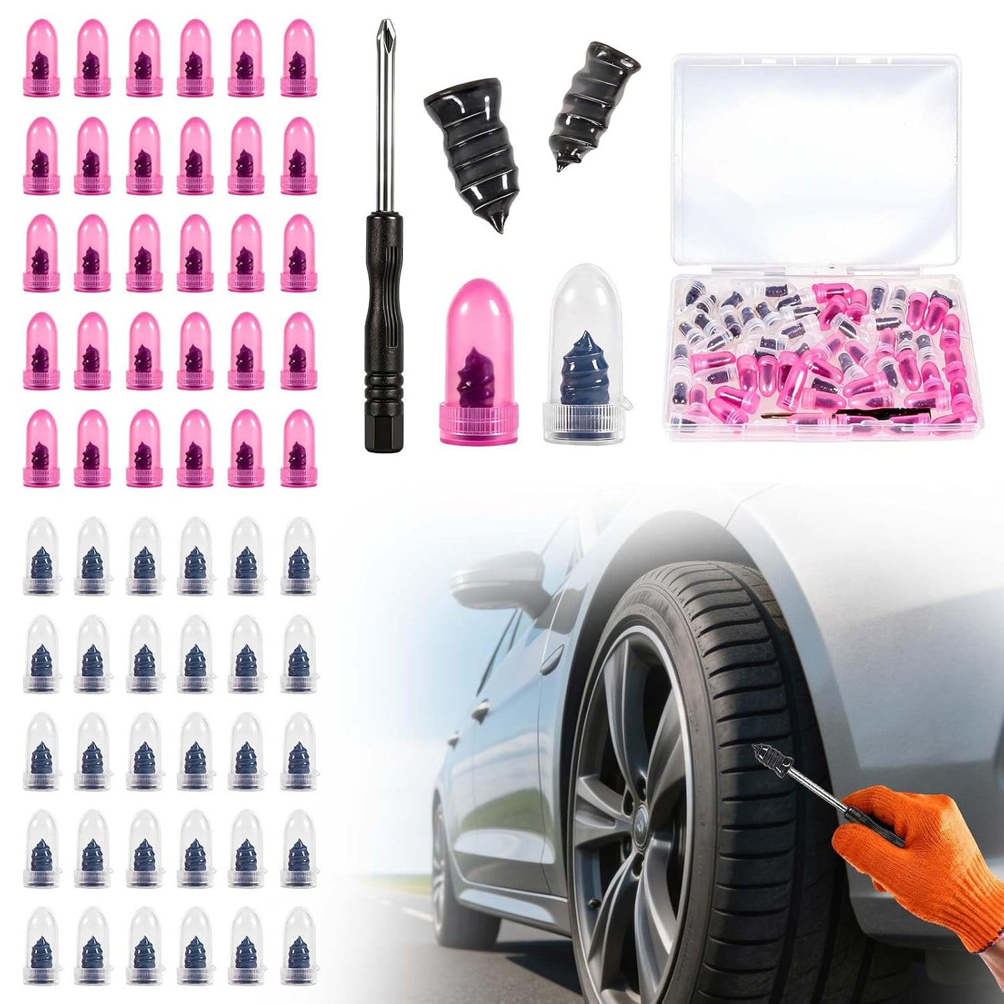 61 PCS Tire Repair Rubber Nail, Vacuum Tire Repair Kits Spiral Rubber Nails, Tire Screw Plug Fast Tool Self Service Tire Repair Nail for Car, Motorcycle, Truck, Tractor Tire Puncture Repair | Tire Repair Plugs Kit for Car, Motorcycle, Truck, Tractor No Glue Needed – Spiral Rubber Nails for Permanent Puncture Repair