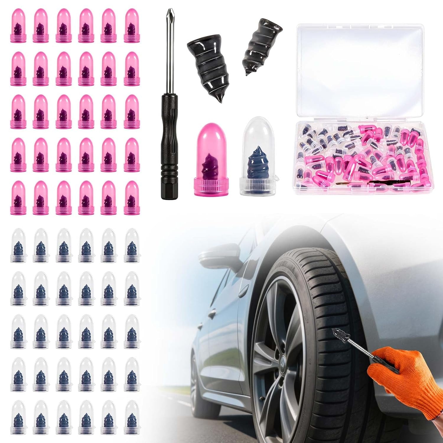 61 PCS Tire Repair Rubber Nail, Vacuum Tire Repair Kits Spiral Rubber Nails, Tire Screw Plug Fast Tool Self Service Tire Repair Nail for Car, Motorcycle, Truck, Tractor Tire Puncture Repair | Tire Repair Plugs Kit for Car, Motorcycle, Truck, Tractor No Glue Needed – Spiral Rubber Nails for Permanent Puncture Repair
