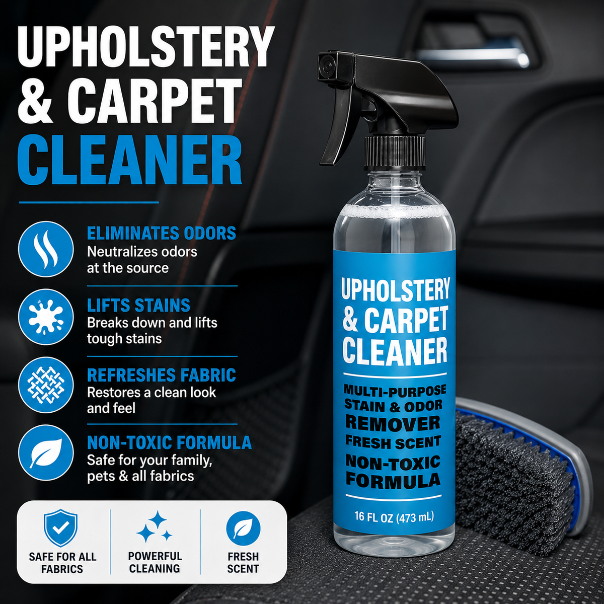 Pro Car Carpet & Upholstery Stain Remover Kit with Scrubbing Brush