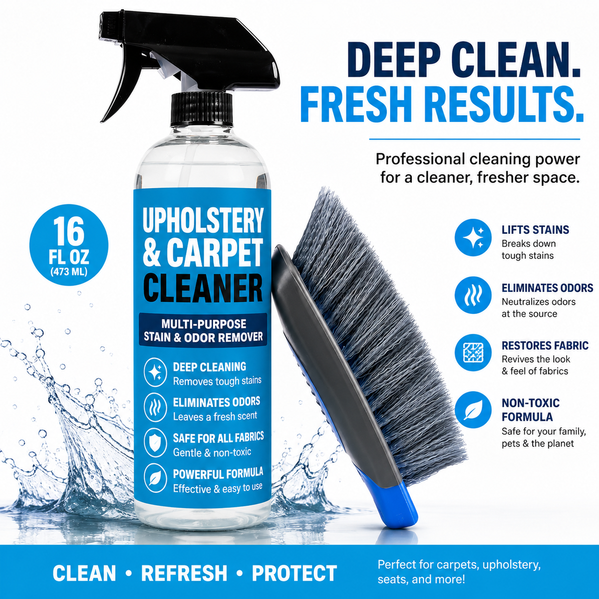 Pro Car Carpet & Upholstery Stain Remover Kit with Scrubbing Brush