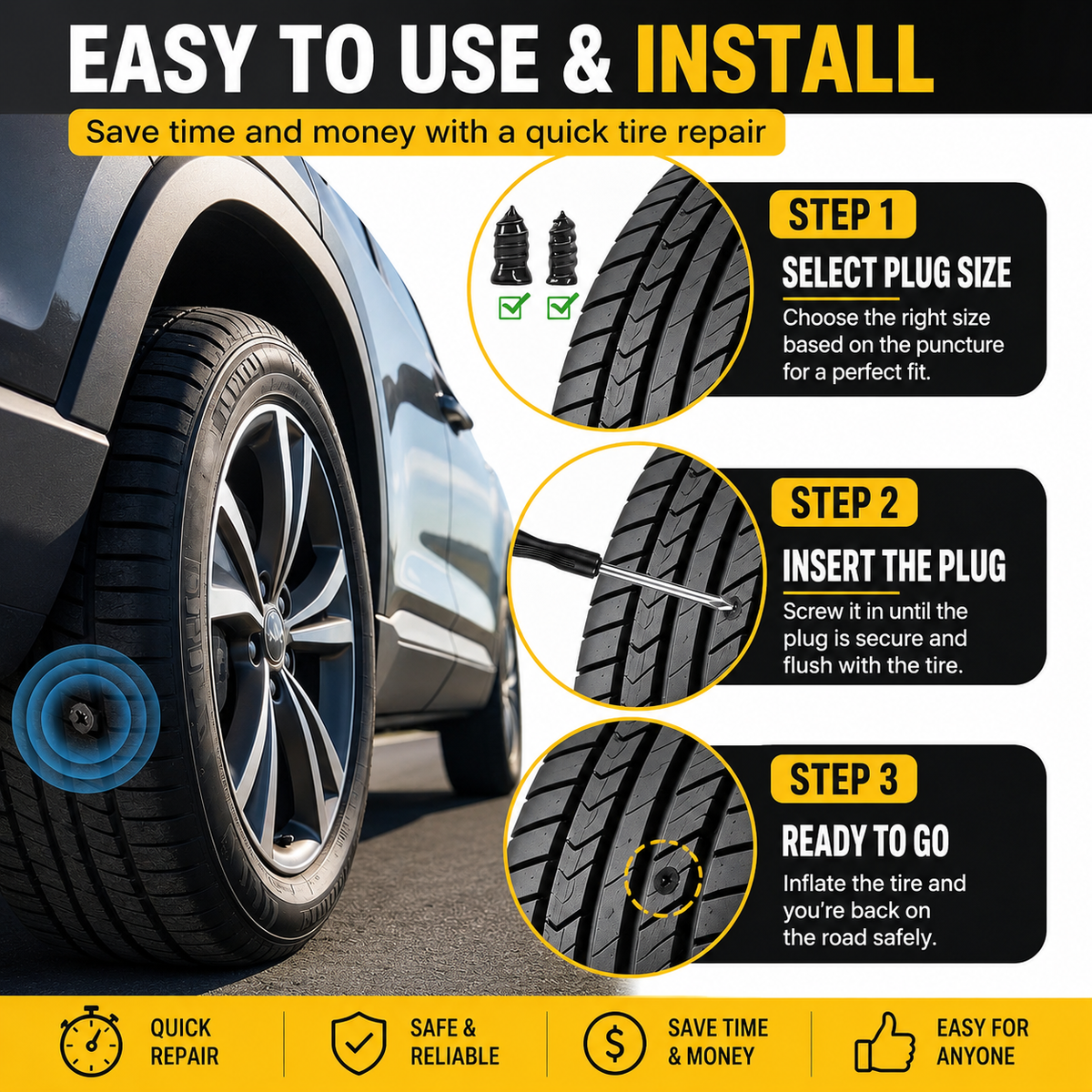 61-Piece Vacuum Tire Repair Rubber Nails & Plug Kit