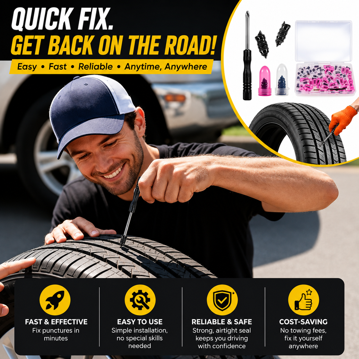 61-Piece Vacuum Tire Repair Rubber Nails & Plug Kit