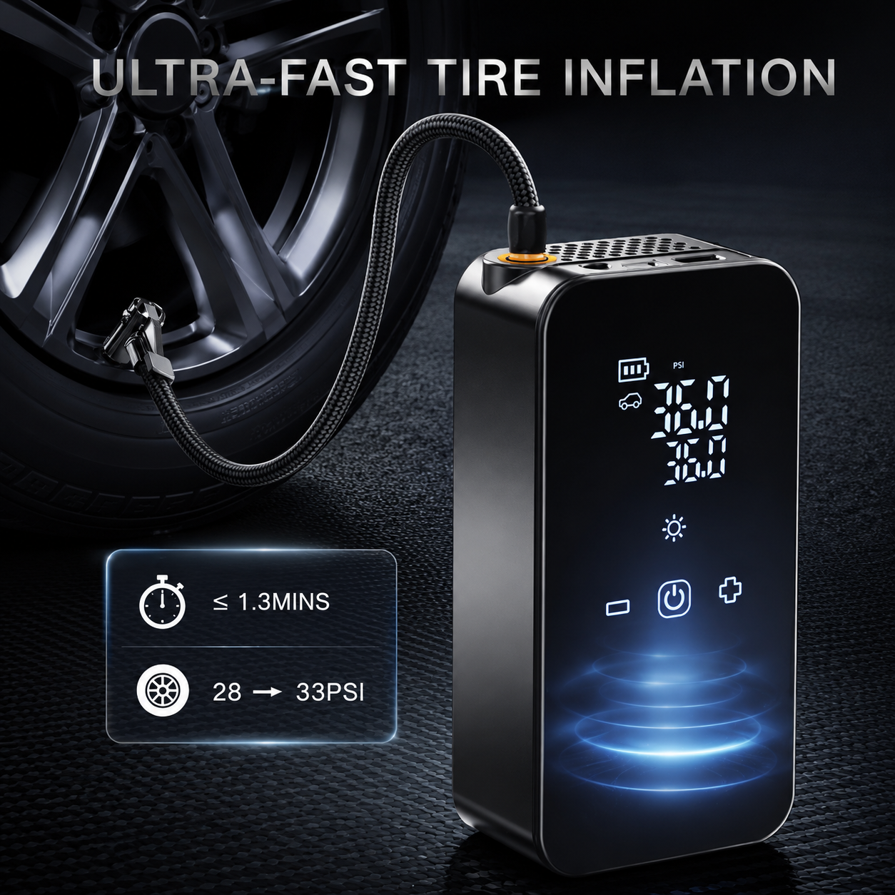 Portable Tyre Inflator 150 PSI | Digital Compressor 4,500 mAh + Power Bank