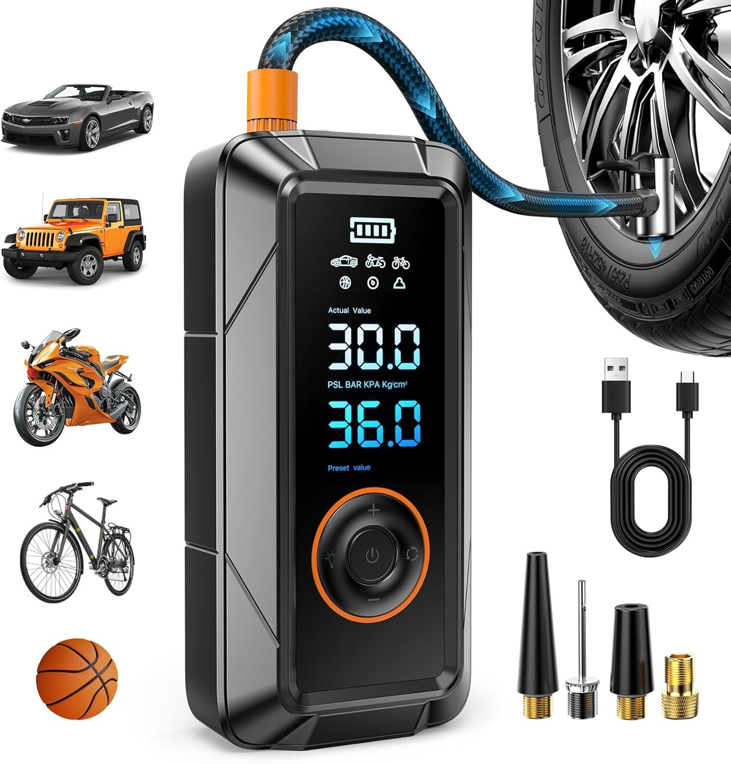 Tire Inflator Portable Air Compressor, Cordless & 12V DC Air Inflator for Car Bikes Motorcycletires Balls with Auto Shut-Off, Digital Pressure Gauge, Compact Emergency Pump