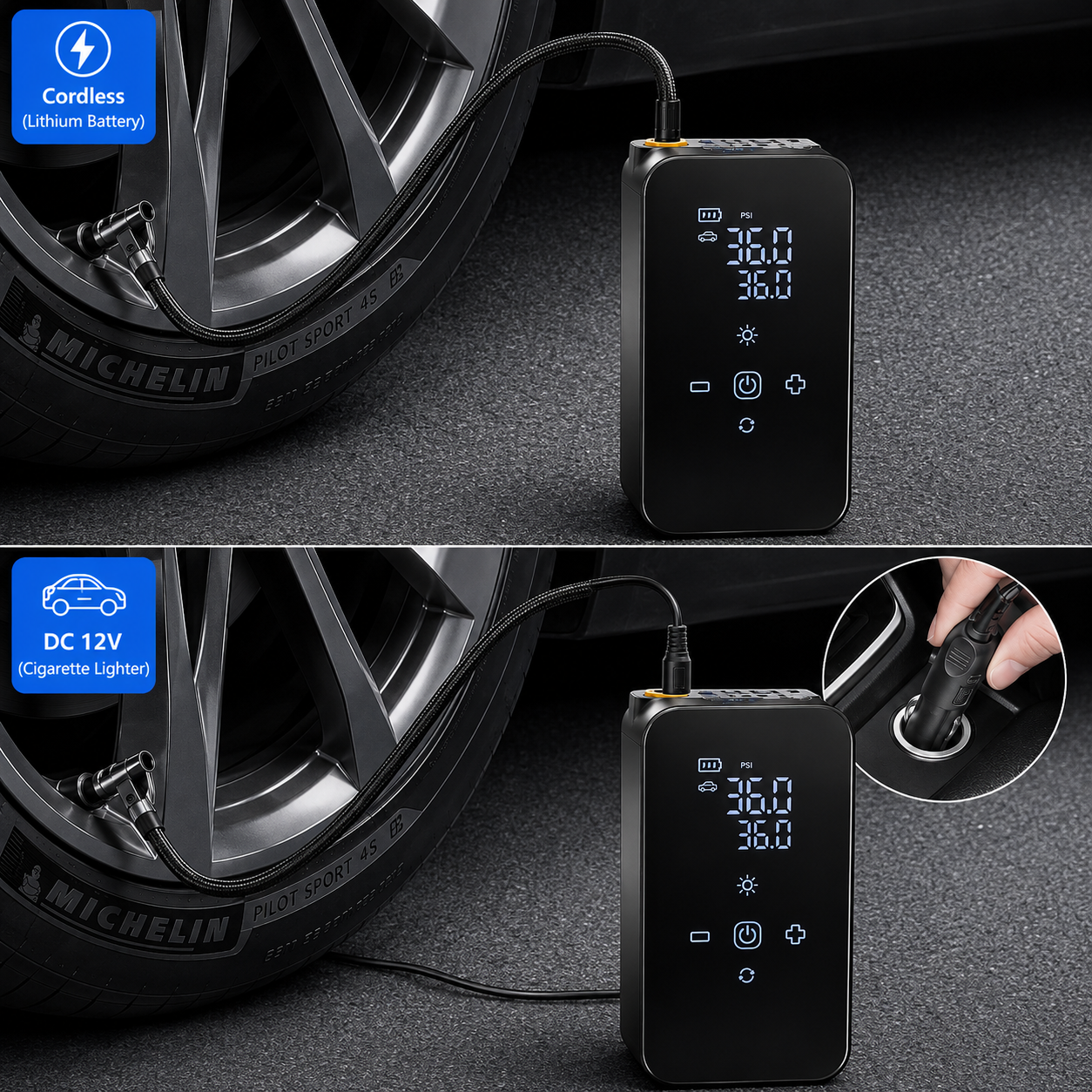 Inflador de Ruedas Portátil 150 PSI | Compresor Digital 4500 mAh + Powerbank