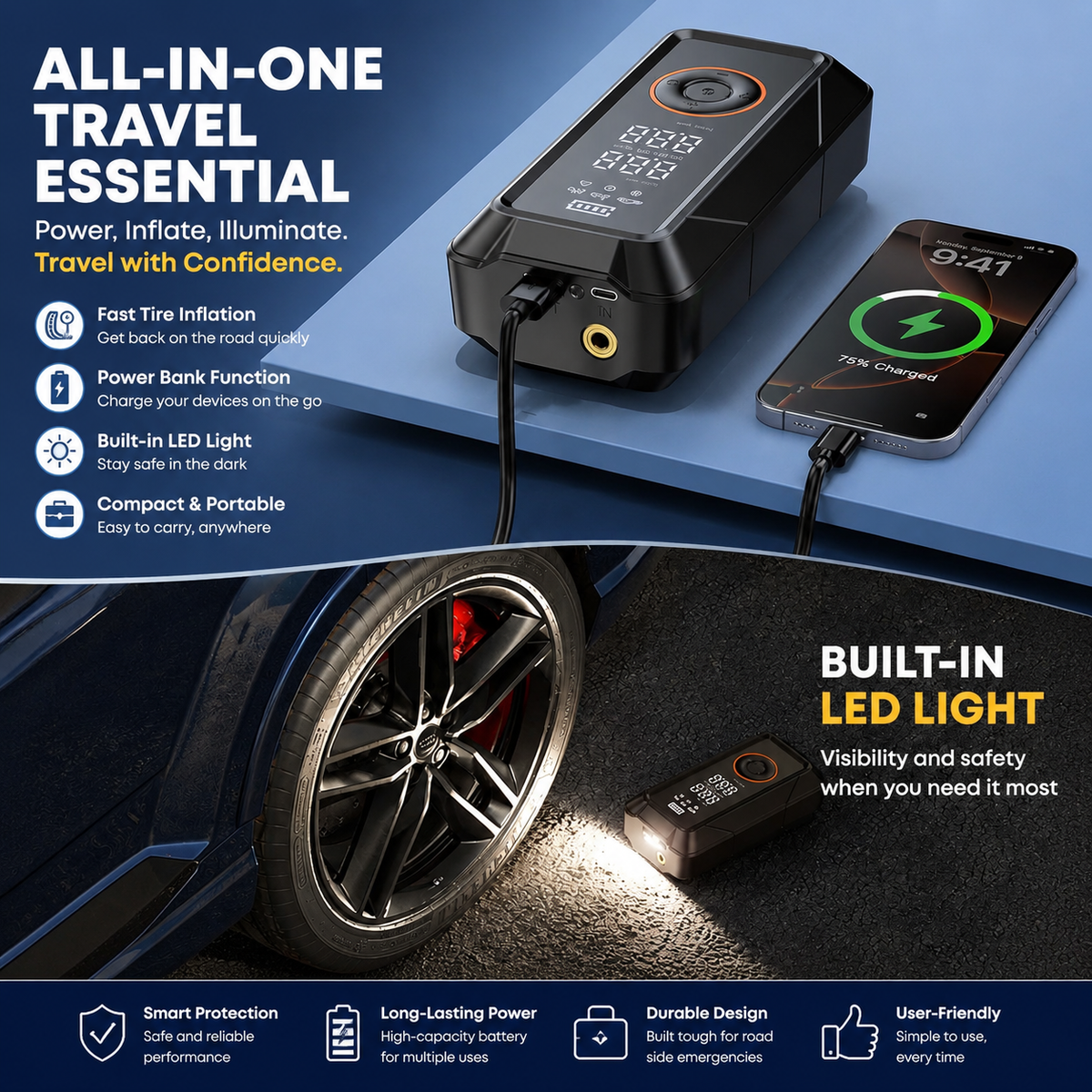 Ultra-Compact Cordless Portable Air Compressor & 150 PSI Digital Car Tire Inflator