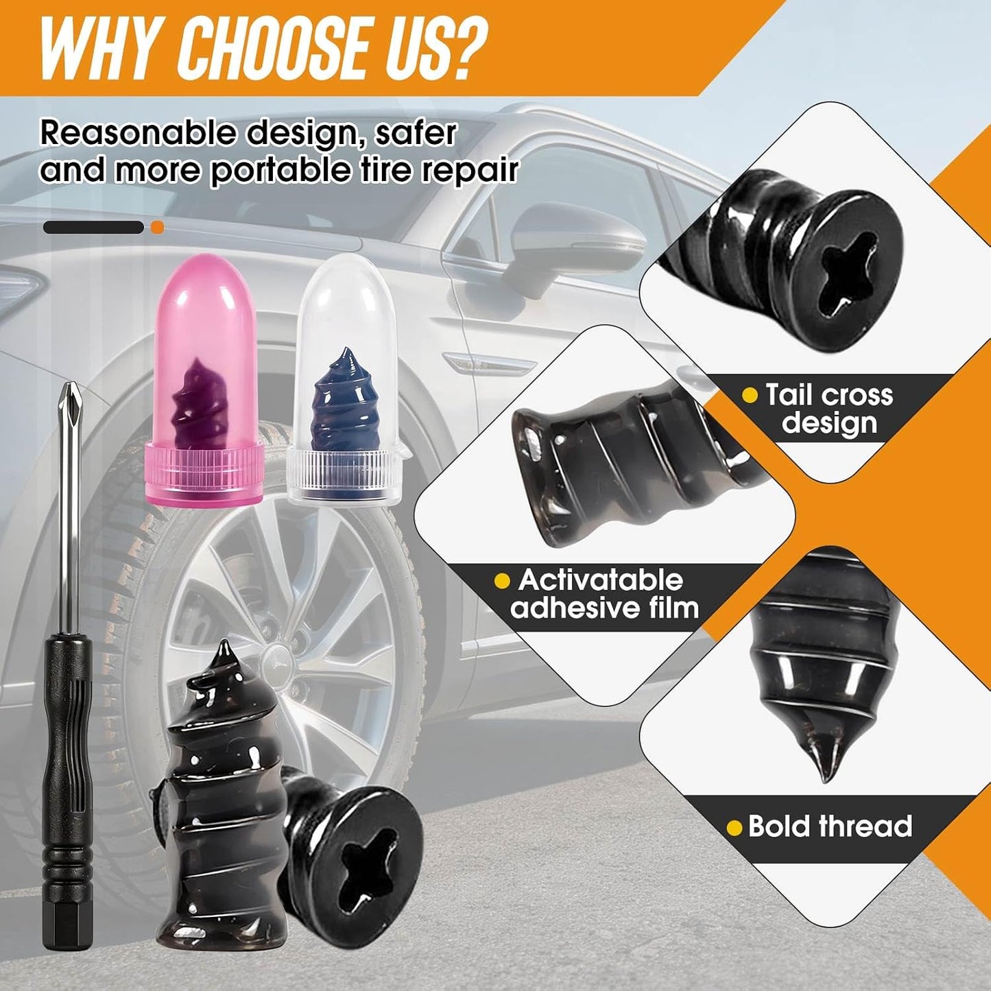 61 PCS Tire Repair Rubber Nail, Vacuum Tire Repair Kits Spiral Rubber Nails, Tire Screw Plug Fast Tool Self Service Tire Repair Nail for Car, Motorcycle, Truck, Tractor Tire Puncture Repair | Tire Repair Plugs Kit for Car, Motorcycle, Truck, Tractor No Glue Needed – Spiral Rubber Nails for Permanent Puncture Repair