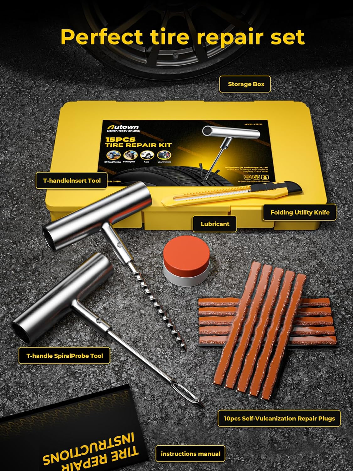 Flat Tire Repair Kit 15Pcs, Heavy Duty Tire Plug Kit to Fix Puncture | Tire Patch Kit with Portable Storage Case, Emergency Tool for Car, Motorcycle, ATV, UTV, RV, Trailer, Tractor, Jeep, and More