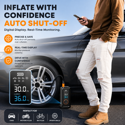 Ultra-Compact Cordless Portable Air Compressor & 150 PSI Digital Car Tire Inflator