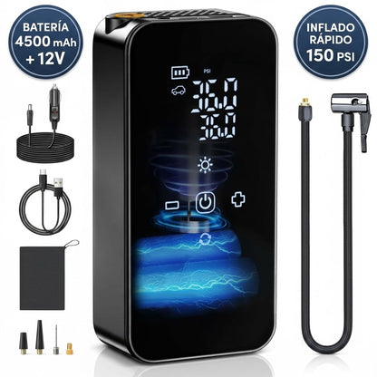 Inflador de Ruedas Portátil 150 PSI | Compresor Digital 4500 mAh + Powerbank
